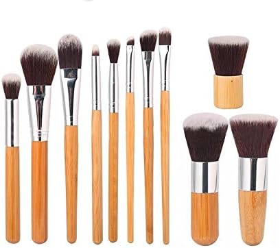 MONOE 11 Bamboo Handle Makeup Brush Set Natural Carbonized Bamboo Handle With Green Linen Bag Full Set Of Beginners