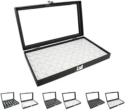 Novel Box Large Glass Top Black Leatherette Jewelry Display Case + 50 Count Jar Insert Tray in White + Custom NB Pouch