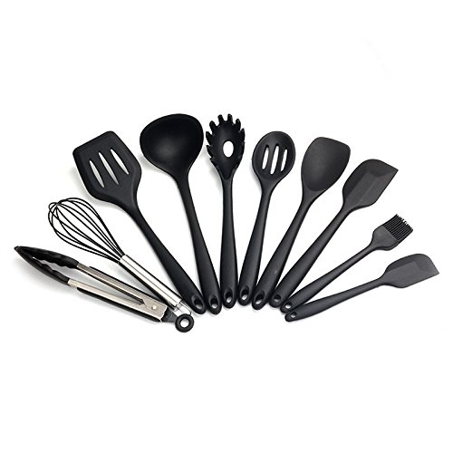 10er Silikon Küchenutensilien – Silikon Kochen Set – Zangen, Schneebesen, Pinsel, Spatel, Slotted Löffel, Nudel Löffel, Reis Paddel, Slotted Spatulla, Suppe Löffel, Hitzebeständige Kochutensilien, BPA Free Silikon Kitcen Werkzeug-Set(Schwarz) - 7