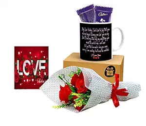 Kesri Gifts Love Letter For Husband Coffee Mug and Flower Bouquet With Greeting Card and 2 Chocolate - Valentine Day Gift For Girlfriend, Boyfriend , Husband,Wife(CVD003)