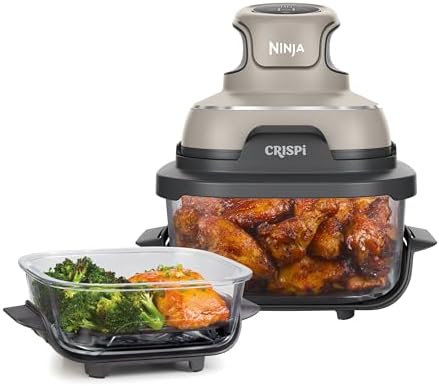 Ninja CRISPi - Friggitrice ad Aria Portatile - Cottura Senza Olio, Arrosto, Mantenimento Calore e Croccantezza - Compatta, 3,8L - 2 Contenitori di Vetro Rimovibili - Modello FN101EUGY, Colore Pietra
