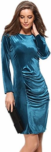 CrazySell Women's Long Sleeve Vintage Round Neck Ruched Waist Velvet Dress for Evening Cocktail Party (Lable XXXL/ UK 18/ EU 46, Green)
