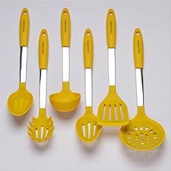 Jaune Set d'Ustensiles de Cuisine - Ustensiles de Cuisine en Acier Inoxydable & Silicone - Spatule, Cuillère à Mélanger & Cuillère Trouée, Louche, Fourchette à Pâtes, Égouttoir 