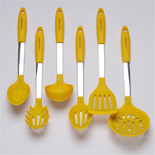 Jaune Set d'Ustensiles de Cuisine - Ustensiles de Cuisine en Acier Inoxydable & Silicone - Spatule, Cuillère à Mélanger & Cuillère Trouée, Louche, Fourchette à Pâtes, Égouttoir 
