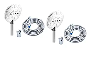 ANMEX (Pack of 2) Adjustable White Rain Spray Hand Shower with 1.5mtr SS Shower Tube and Wall Hook-(Pack of 2) (Chrome Finish)