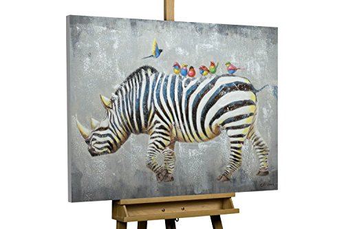KunstLoft Bild 'Klassenausflug' 100x70cm | handbemalter Kunstdruck | Nashorn Tier Afrika Schwarz-Weiß | signiertes Wandbild-Unikat | Acrylbild auf Leinwand | Modernes Kunst Bild | Original Acrylbild auf Keilrahmen