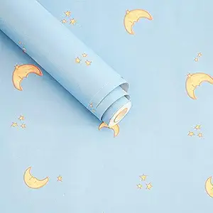 Wolpin Wall Stickers Wallpaper Kids Room (45 x 500 cm) Moon and Stars Cute Nursery Design Self Adhesive Decal DIY, Blue