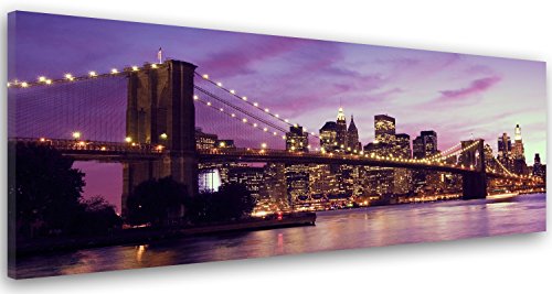 Feeby Frames, Cuadro en lienzo, Cuadro impresión, Cuadro decoración, Canvas de una pieza, 40x120 cm, PUENTE DE BROOKLYN, NUEVA YORK, VISTA DE LA CIUDAD, AGUA, EDIFICIOS, ARQUITECTURA, RASCACIELOS, PÚRPURA
