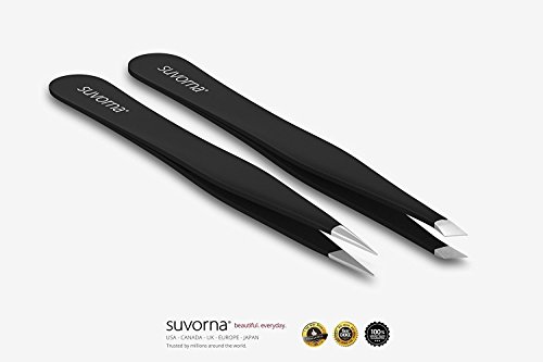 Suvorna 4" Precision Aligned Professional Tweezers Color Sets with Premium Stainless Steel, One Sharp Pointed Pair and One Slanted Tip Pair for Precision Eyebrow Shaping, Great for Ingrown Hair & Splinters, Perfect Eyebrow Trimmer, Easy Care Set, Satisfaction Guarantee