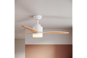 SONNI Wentylator sufitowy z oświetleniem i pilotem zdalnego sterowania, cichy, 3 temperatury barwowej 119 cm, biały i drewniany, minimalistyczny design