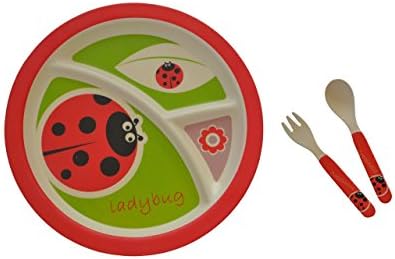 Kids Sectioned Plate, Fork &amp; Spoon Bundle – Made from Bamboo Fibre in Ladybird Design by Mini Mumbler® | Tableware | Dinnerware | Mealtimes | Weaning | Eco-Friendly
