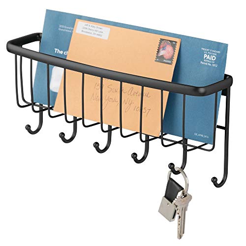 M-Design mDesign Organizador de Cartas con Cesta y Llavero para recibidor o Cocina - Compacto Guarda Cartas con balda metálica y Perchero - Colgador de Pared con 6 Ganchos cuelga Llaves - Negro