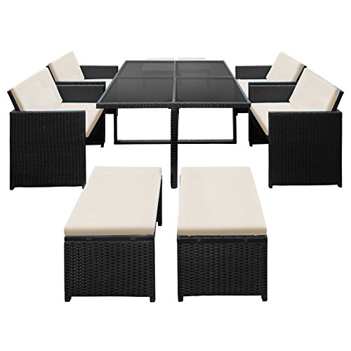 Miadomodo Polyrattan Sitzgruppe Sitzgarnitur Gartenmöbel 9-teilig in der Farbe nach Ihrer Wahl (Schwarz - Sitzkissen: Cremeweiß)