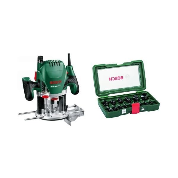 Bosch DIY Oberfräse POF 1400 ACE, 3 x Spannzange, Fräser, Parallelanschlag, Absaugadapter, Koffer Variation