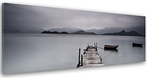Feeby Frames Cuadro en Lienzo, Cuadro Impresión, Cuadro Decoración, Canvas de una Pieza, 60x150 cm, Puente, Lago, Agua, Montaña, Vistas, Paisaje, Barcos, Blanco Y Negro