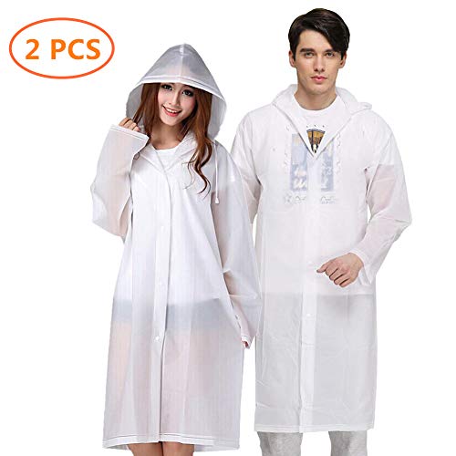 HEOCAKR Poncho Impermeabile, 2 Pezzi Poncho Antipioggia Riutilizzabile Giacca Unisex con Cappuccio e Maniche Lunghe, per Campeggio Escursioni Picnic Viaggio Bivacco a Piedi Zaino in Spalla, Bianco
