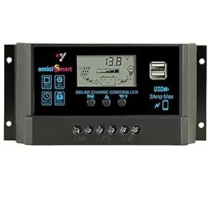 amiciSmart Solar Charge Controller 50A, Intelligent Battery Regulator for Solar Panel LCD Display with USB Port 12V/24V (50A)