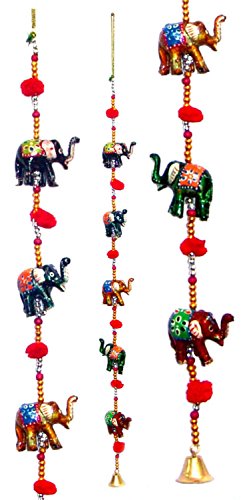 Rastogi Handicrafts Tür Deko-Hänger, fünf handbemalte Elefanten, mit Perlen und Glöckchen - 4