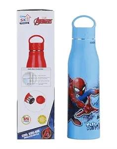 School Mate Insulated inner Steel Cartoon character Spider man Theme water Bottle Air Tight Leak Proof 600ml for School Kids (Glossy Blue))