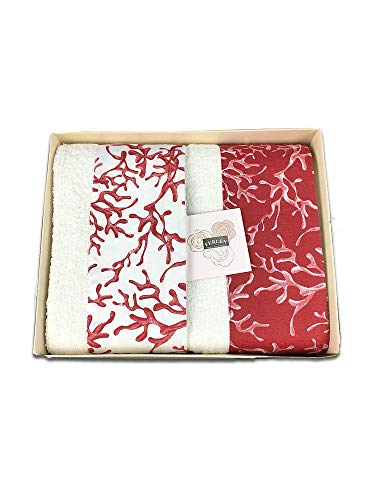 Set asciugamani da bagno 2+2 Spugna Cotone Viso e Ospite Ferlen Idea Regalo (PANNA-BORDEAUX)