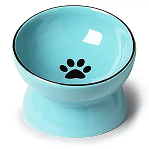 ONTUBE Ceramic Raised Cat Dishes or Small Dog Bowl, Pet Food or Water Bowls,5.3-Inch 10oz (Blue)