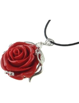 Koralle Halskette, rot, Koralle Blume Anhänger, schwarze Lederschnur