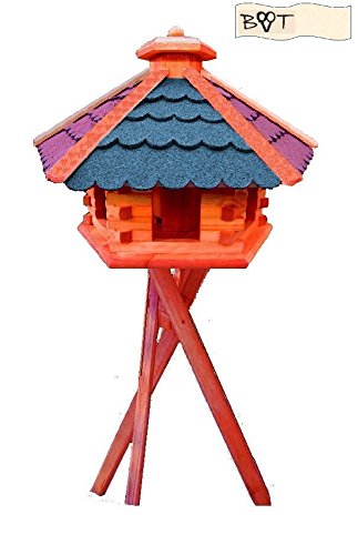 Vogelhaus, Vogelvilla XXXL Vöglehus Vogelhaus, aus Holz Vogelhaus, große mit Silo Holz mit ROT + BLAU E mit Ständer B60r-bEMS