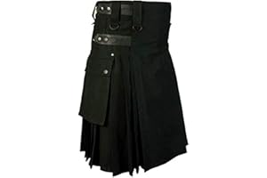 DARABUN Herren Scottish Kilt Combat Cosplay Punk Gothic Highland Einfarbig Schottenrock Traditionelle Kostüme Herren Mittellanger Rock mit Tasche