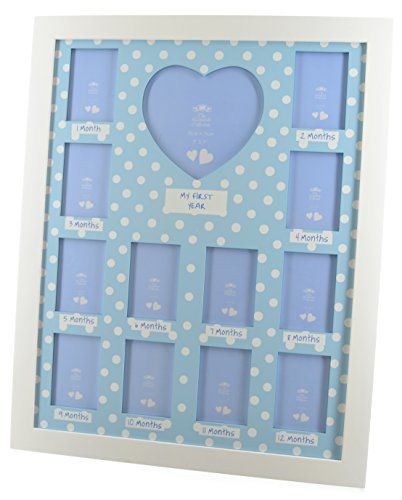 Blue & White Painted Wooden 46cm "My First Year" Baby Boy Photo Collage - Holds 13 Pictures