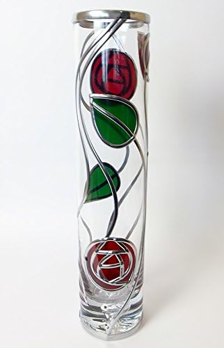 Rennie Mackintosh Inspired Rose And Leaf Design Leaded Glass Cylinder Vase 25cm. Art Deco/Art Nouveau Influenced Design, An Ideal Gift For Any Special Occasion