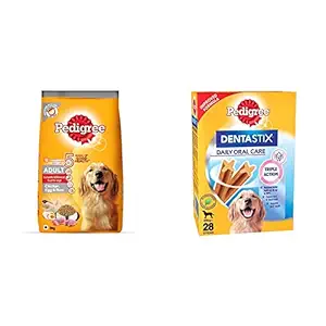 Pedigree Adult Dry Dog Food, (High Protein Variant) Chicken, Egg & Rice, 3kg Pack and Dentastix Large Breed (25 kg+) Oral Care Dog Treat (Chew Sticks) (28 Sticks) 1.08kg