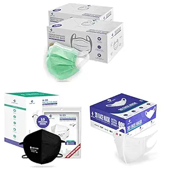 CARE VIEW 3 Ply Disposable Surgical Face Mask Box (Pack of 100, GREEN) & N-95 Model CV1221H Head Loop Style Protective Unisex Face Mask - Set of 10 & Careview Face Mask(WHITE) PACK OF 25