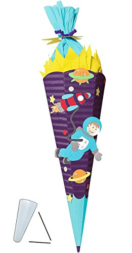 Preisvergleich Produktbild BASTELSET Schultüte - " Weltraum " - 85 cm - mit / ohne Kunststoff Spitze - Zuckertüte zum selber Basteln - 6 eckig Jungen Rakete Planeten Erde All Sterne Weltall