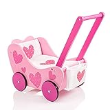 rosa-pink mit Herzchen Puppenwagen aus Holz