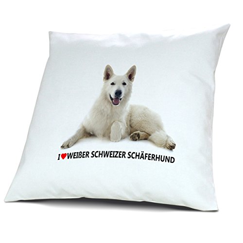 Kopfkissen Weißer Schweizer Schäferhund, Kissen mit Füllung "I Love Weißer Schweizer Schäferhund", 40 cm, 100% Baumwolle