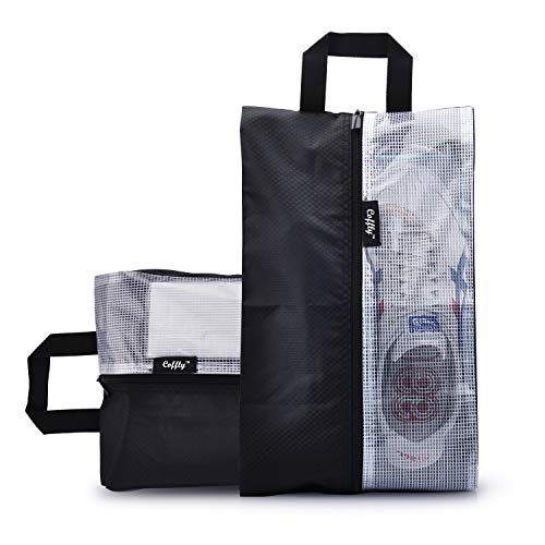 CofflyTM Bolsa de Zapatos de Nylon Resistente para Viajes y Negocios Bolsa Impermeable con Cremallera y Ventana Transparente Bolsa de Organizador para Zapatos, Ropa, Make up etc - Paquete de 2, Negro