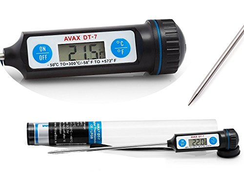 AVAX DT-7 - Digitales LCD Haushaltsthermometer Kochthermometer Einstichthermometer Küchenthermometer (einsetzbar für Braten, Grillen/BBQ, Backen, Wein, Bier, Fleisch, Fisch, Teewasser, Yerba Mate, usw.) // -50C to 300C / -58F to 572 // - Batterie enthalten