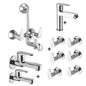 ZAP Brezza Bathroom Combo 100% Brass 3 in 1 Wall Mixer + 6 Pc Angle Cock + 2 Long Body Cock Tap + 1 Pillar Cock Set for Bathroom