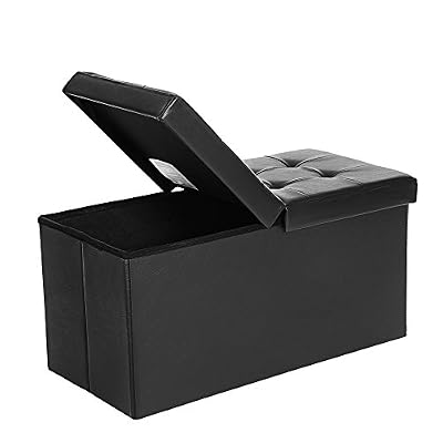 SONGMICS Coffre de rangement Couvercle pliable par 2 côtés Pouf de Rangement Charge admissible 300 kg noir 76 x 38 x 38 cm LSF45BK