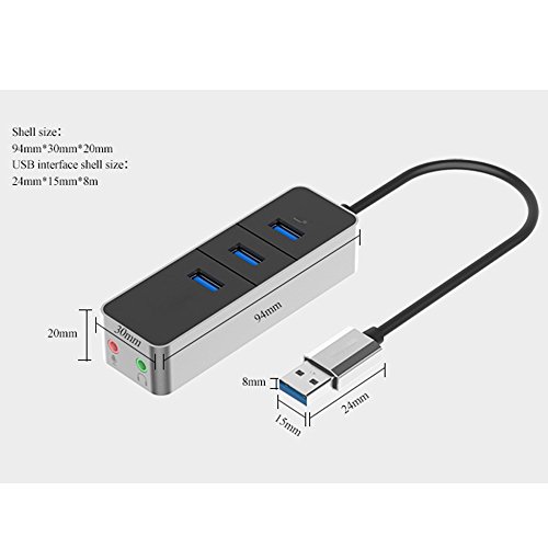EUGO USB 3.0 Hub – 3-Port USB 3.0 Hub Externen USB Soundkarte mit Audio und Mic Stereo Audio Sound Adapter (3.5mm Jack) für iMac, MacBook Air, MacBook Pro, MacBook, Mac Mini, PCs und Laptops – 0.15m - 5