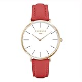 Mode Klassisch Unisex Damenuhren Herrenuhren PU Lederband Anolog Armbanduhren für Männer Frauen, Rot-Rose Gold