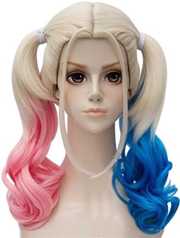 Tsnomore Women's Long Curly Bunches Anime Cosplay Wig (white pink and blue)