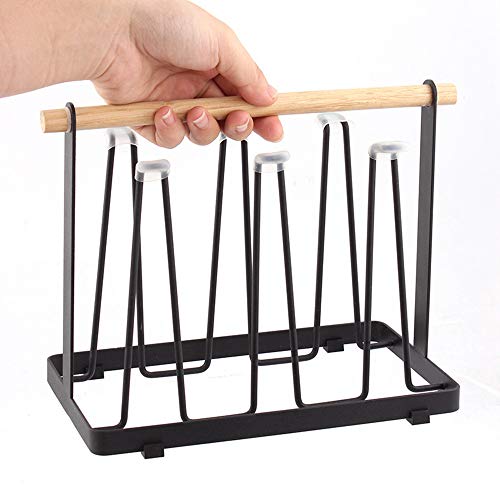 Mug Cup Holder Wooden Kitchen Stand Organizer Drinkware Drying Rack with 6 Cups Hooks(Black)