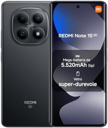 XIAOMI REDMI Note 15 5G, Smartphone 8+512GB, Design ultrasottile, Resistenza IP65, Fotocamera super nitida da 108 MP, Display FHD+ da 6,77", Nero, Garanzia 2 anni, Caricatore non incluso