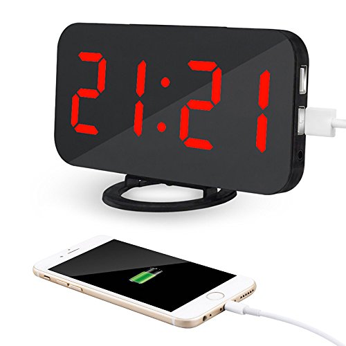 Kidsidol 2 en 1 creativo reloj de alarma digital LED dimmer diseño Smart Power Bank Brillo ajustable para Home Office Hotel con 2 puertos de carga USB y 1 puerto de cable de alimentación (Rojo)