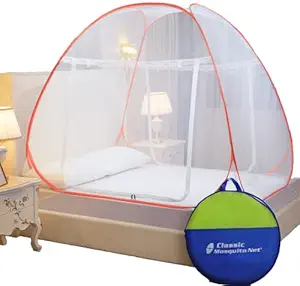 Classic Mosquito Net for Double Bed King Size, Polyester Foldable, Strong 30GSM, PVC Coated Steel Rod- Orange.