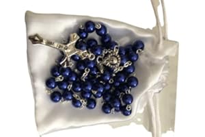 AMELIA MAE First Holy Communion Dark Blue Rosary Beads 1st Communion Confirmation Girls/Boys Gift Excellent Quality Five Decade Rosary & Silver Crucifix Pearl Effect Beads with Free White Satin Drawstring Pouch