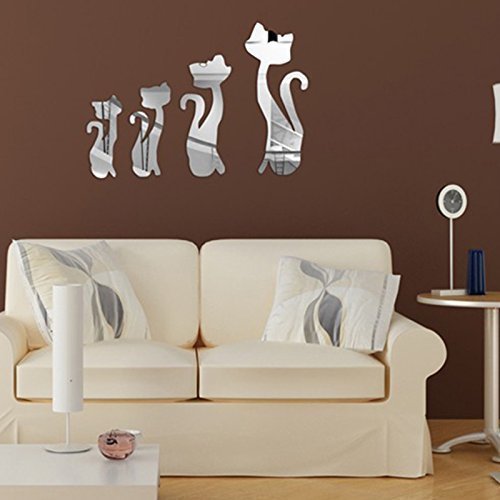 Walplus Spiegel Wall Art "Katzen Aufkleber Abnehmbare Wandbild Aufkleber Vinyl Home Dekoration DIY Living Schlafzimmer Décor Kids, Silber