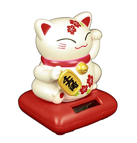 HAAC Solar Winkekatze Katze GLÜCKSKATZE Glücksbringer mit Kirschblüte 10 cm Farbe weiss - 2