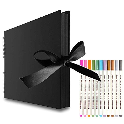 EVNEED Scrapbook Photo Album with Black Page 12x9,Black Cover (40 Sheets, 80 pages) With 12 Pcs Markers Paints Pens.